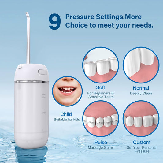 Water Flosser Cordless for Teeth,  Mini Portable Oral Irrigator with 9 Pressure Modes, Teeth Cleaner Pick, Unique Pressure Stabilization Technology, IPX7 Waterproof for Home Travel